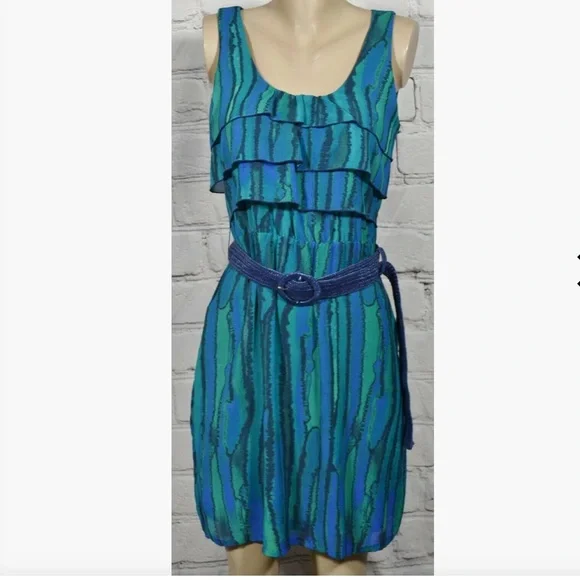 Dkny | Dresses | Dkny Jeans Blue And Green Ruffle Dress With Blue Straw  Stretch Belt | Poshmark